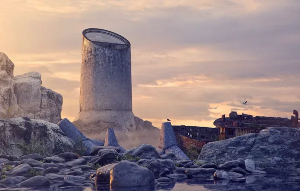 Птицы, камни, сооружение, мачта, The three colors of the Lighthouse - RED