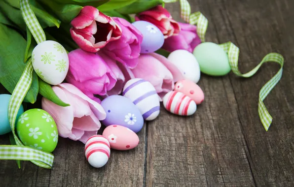 Цветы, яйца, colorful, Пасха, тюльпаны, happy, wood, pink