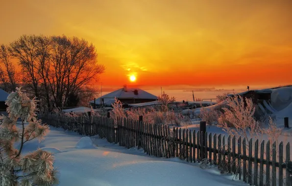 Картинка зима, закат, деревня