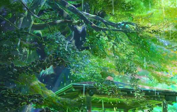 Картинка крыша, лето, деревья, парк, беседка, art, kotonoha no niwa, makoto shinkai