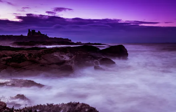 Картинка море, небо, тучи, замок, скалы, руины, сумерки, Scotland