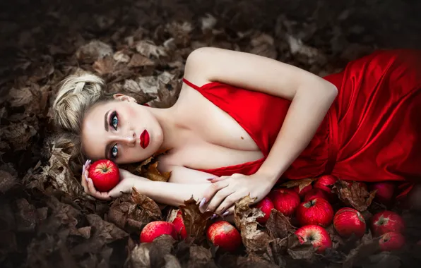 Картинка лежит, яблоки, девушка