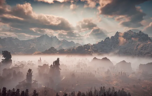 Пейзаж, горы, туман, Horizon Zero Dawn