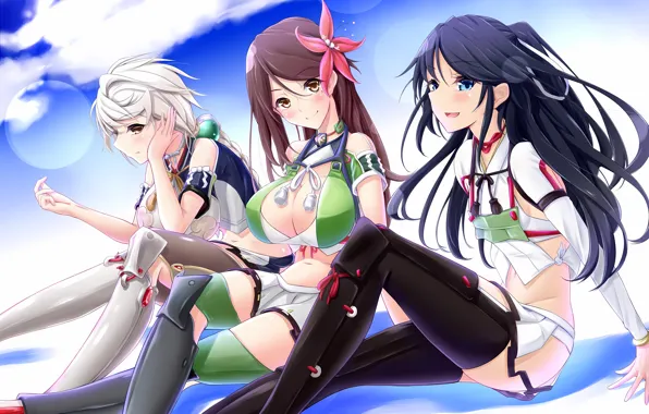 Sexy, cleavage, blouse, thighhighs, sky, long hair, legs, girls