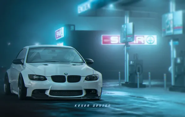 Авто, Туман, Ночь, Белый, BMW, Машина, Заправка, BMW M3