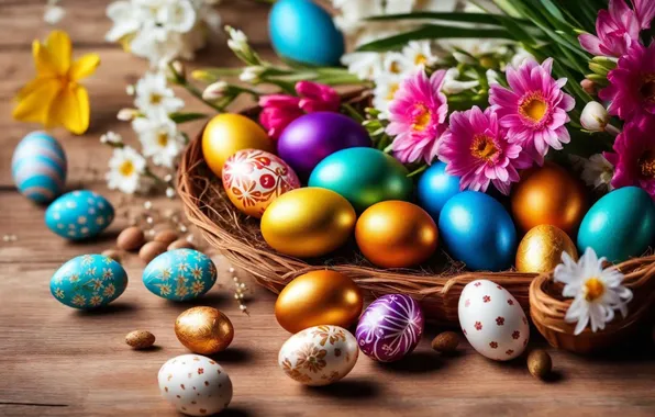 Картинка цветы, яйца, весна, colorful, Пасха, happy, flowers, spring