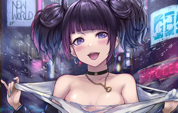 Girl, sexy, boobs, anime, beautiful, twintails, short hair, purple eyes