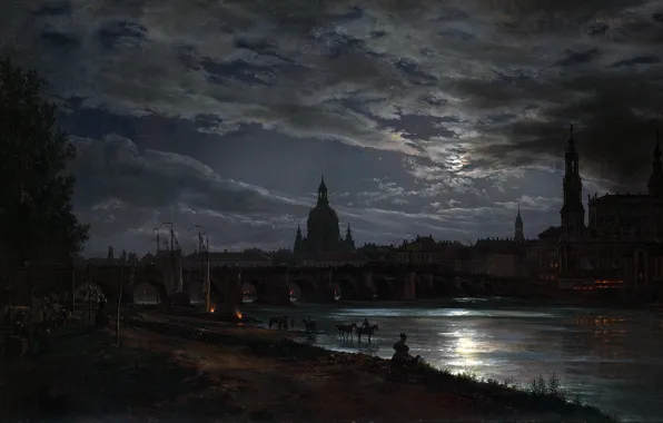 Картинка City, fire, moon, river, sky, landscape, bridge, water
