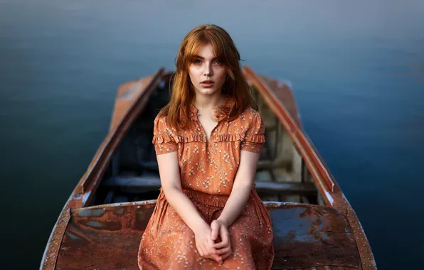 Глаза, взгляд, вода, лодка, волосы, Девушка, платье, рыжая