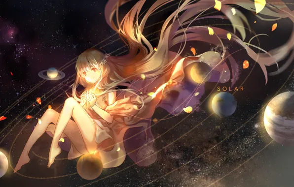 Картинка небо, девушка, звезды, планеты, аниме, арт, солнечная система, elise (piclic)