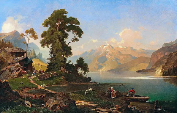 Горы, Озеро, Деревья, Люди, Картина, Бельгийский живописец, Горное озеро. Вероятно Ахензее, Франц Рихард Унтербергер