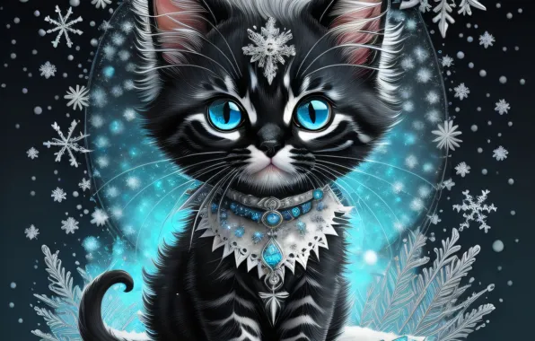 Зима, иней, кошка, глаза, кот, взгляд, снег, снежинки