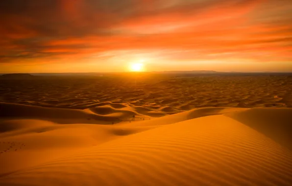 Картинка песок, солнце, закат, природа, пустыня, горизонт, Сахара, Марокко