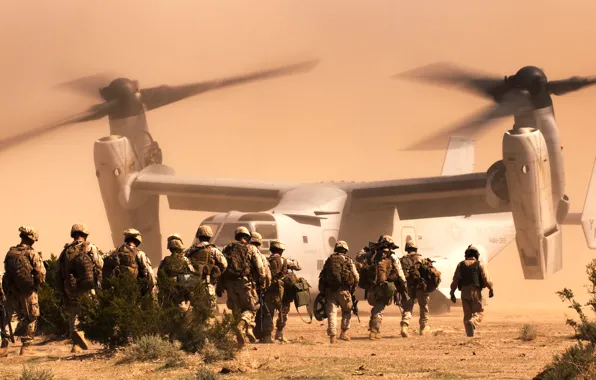 Картинка пустыня, солдаты, конвертоплан, Osprey, морская пехота, Bell V-22