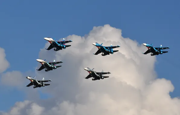 Картинка небо, облака, истребители, полёт, Су-27