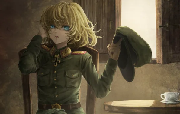 Girl, soldier, military, war, eyes, anime, cross, window