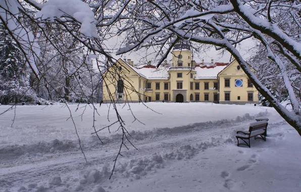 Park, winter, snow, Poland, palace, Tarnobrzeg, Ryszard Kosmala