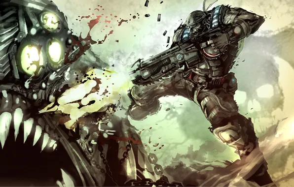 Картинка череп, монстр, солдат, автомат, цепи, Gears of War, выстрелы, снаряжение