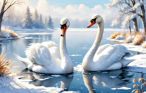 Зима, снег, птицы, лебеди, водоем, ИИ-арт, нейросеть