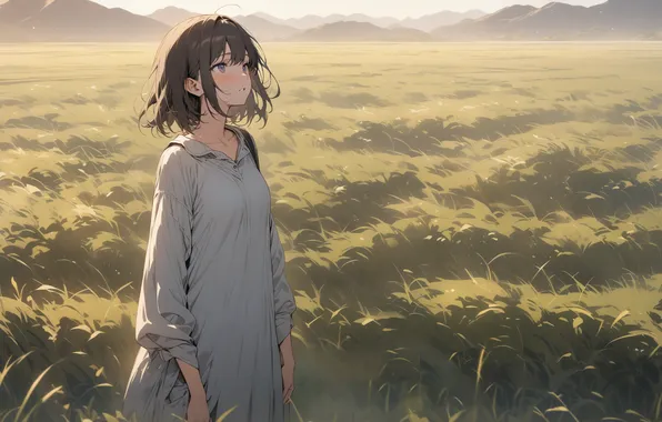 Поле, девушка, солнце, аниме, girl, field, woman, anime