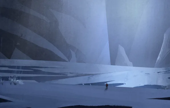 Картинка деревья, человек, лёд, арт, нарисованный пейзаж