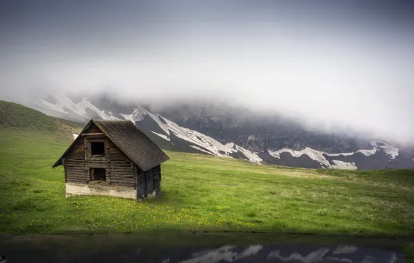 Пейзаж, горы, туман, дом