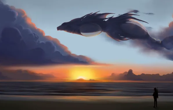 Fantasy, sky, sea, landscape, sunset, wings, clouds, dragon