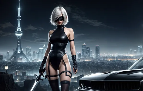 Девушка, город, меч, YoRHa No.2 Type B, изображение сгенерировано ИИ