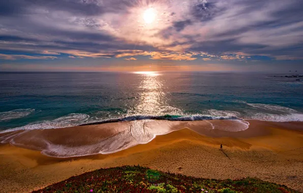 Пляж, восход, океан, рассвет, побережье, утро, горизонт, Калифорния