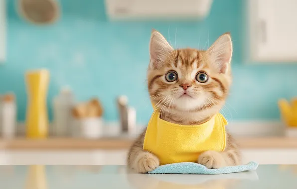 Кошка, взгляд, поза, котенок, стол, рыжий, кухня, ожидание