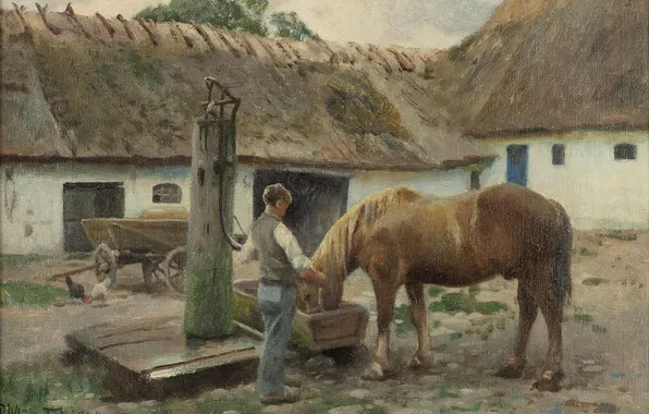 Лошадь, Картина, Мужчина, Peder Mork Monsted, Петер Мёрк Мёнстед, Peder Mørk Mønsted, Датский живописец, Педер …