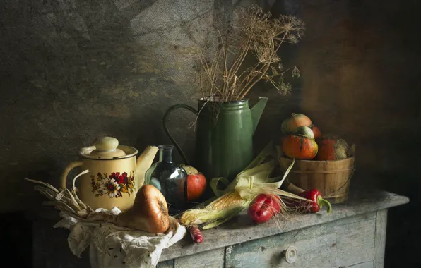 Стол, полотенце, кукуруза, чайник, лук, укроп, тыквы, перец
