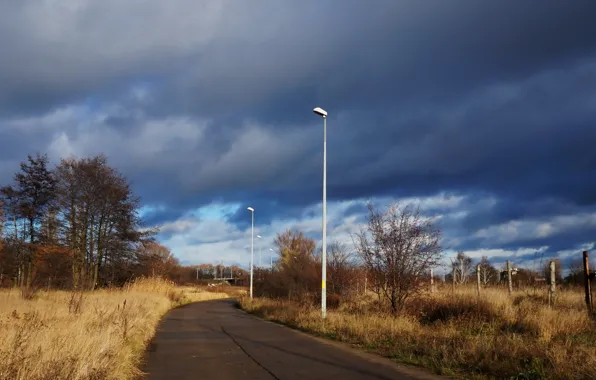 Road, sky, cloud, tree, meadow