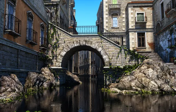 Мост, камни, здания, водоём, Tuscany PW