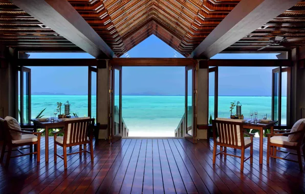 Restaurant, water villa, view to ocean, Amanpulo