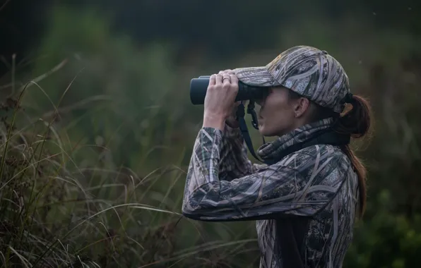 Девушка, Бинокль, Бейсболка, Wildlife, Дикая природа, Хаки, Waterproof hunting binoculars 900, Khaki