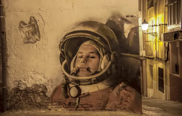 Картинка стена, граффити, космонавт, скафандр, герой, СССР, легенда, лётчик