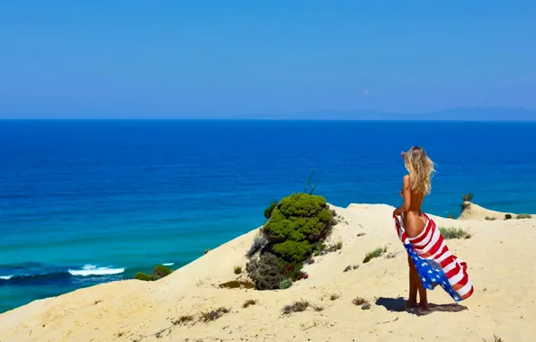 USA, beach, sea, landscape, view, sand, flag, blonde