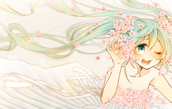 Картинка девушка, радость, цветы, улыбка, аниме, сакура, арт, vocaloid
