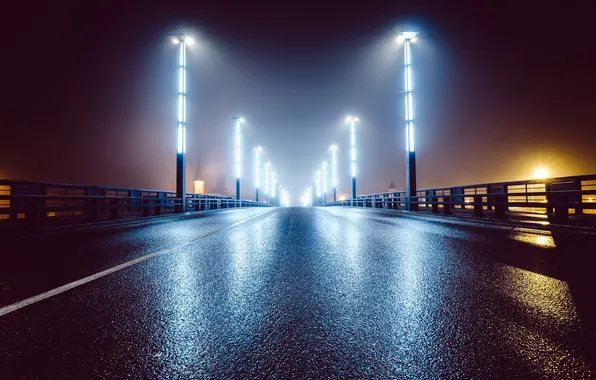 Картинка дорога, свет, ночь, мост, Улица, фонари