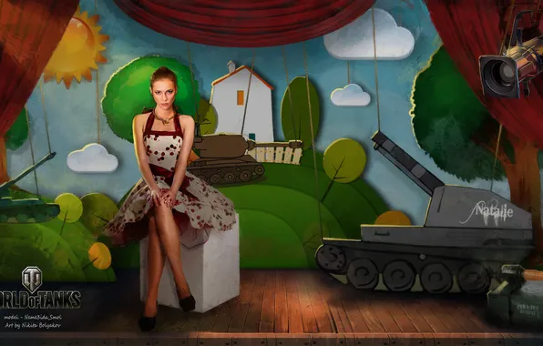 Картинка девушка, сцена, танк, girl, танки, WoT, Мир танков, tank