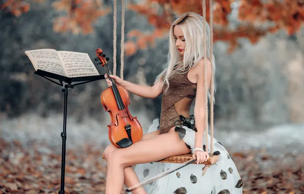 Осень, девушка, поза, ноты, качели, настроение, скрипка, фигура