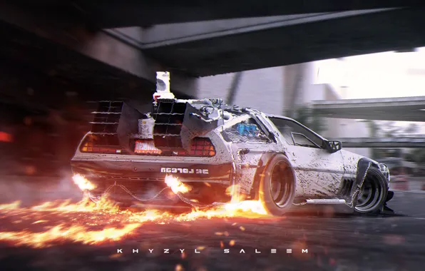 Картинка пламя, серебристый, fire, road, DeLorean, DMC-12, rear, photoshop