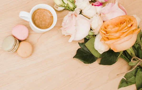 Картинка цветы, розы, pink, flowers, coffee cup, roses, macaroon, эустома