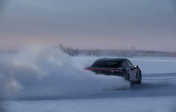 Снег, чёрный, лёд, Porsche, трек, скольжение, 2020, Taycan