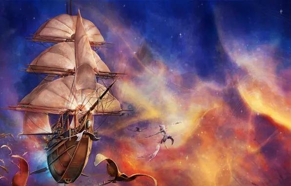 Картинка space, fantasy, flying, ship, artwork, fantasy art, creature, sails