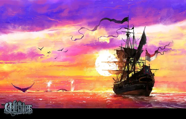 Море, птицы, корабль, Sunset, The Whaler