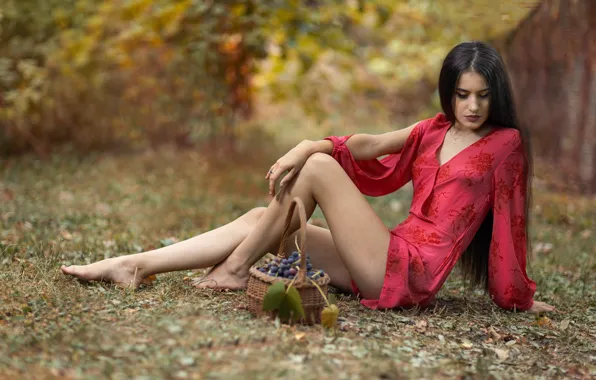 Девушка, корзина, босиком, платье, брюнетка, виноград, босая, Andrea Carretta