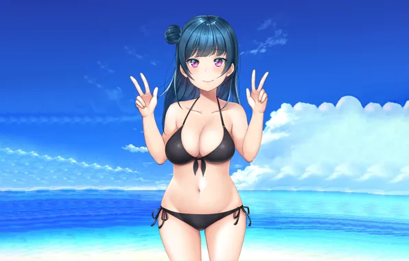 Girl, sexy, cleavage, long hair, sea, boobs, anime, beautiful