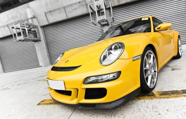 Желтый, суперкар, supercar, порше, приближение, Porsche 997 GT3